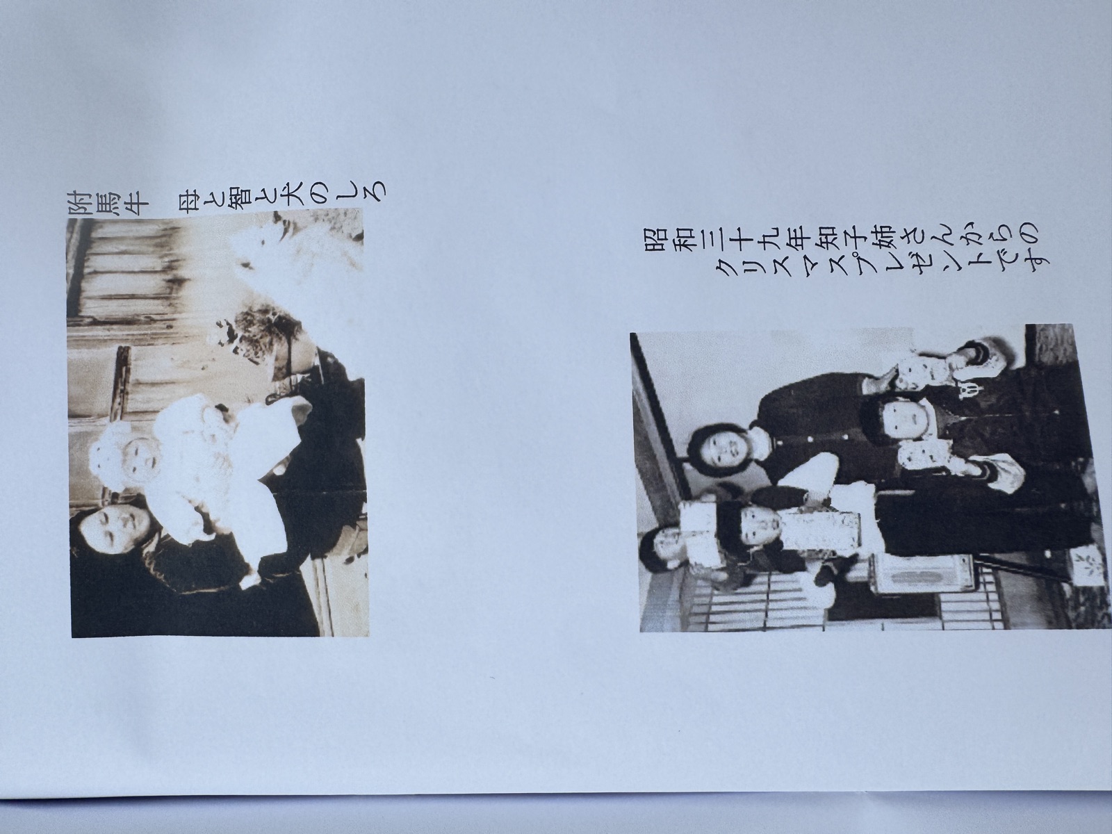 附馬牛 母と智と犬のしろ／昭和三十九年 知子姉さんからのクリスマスプレゼントです